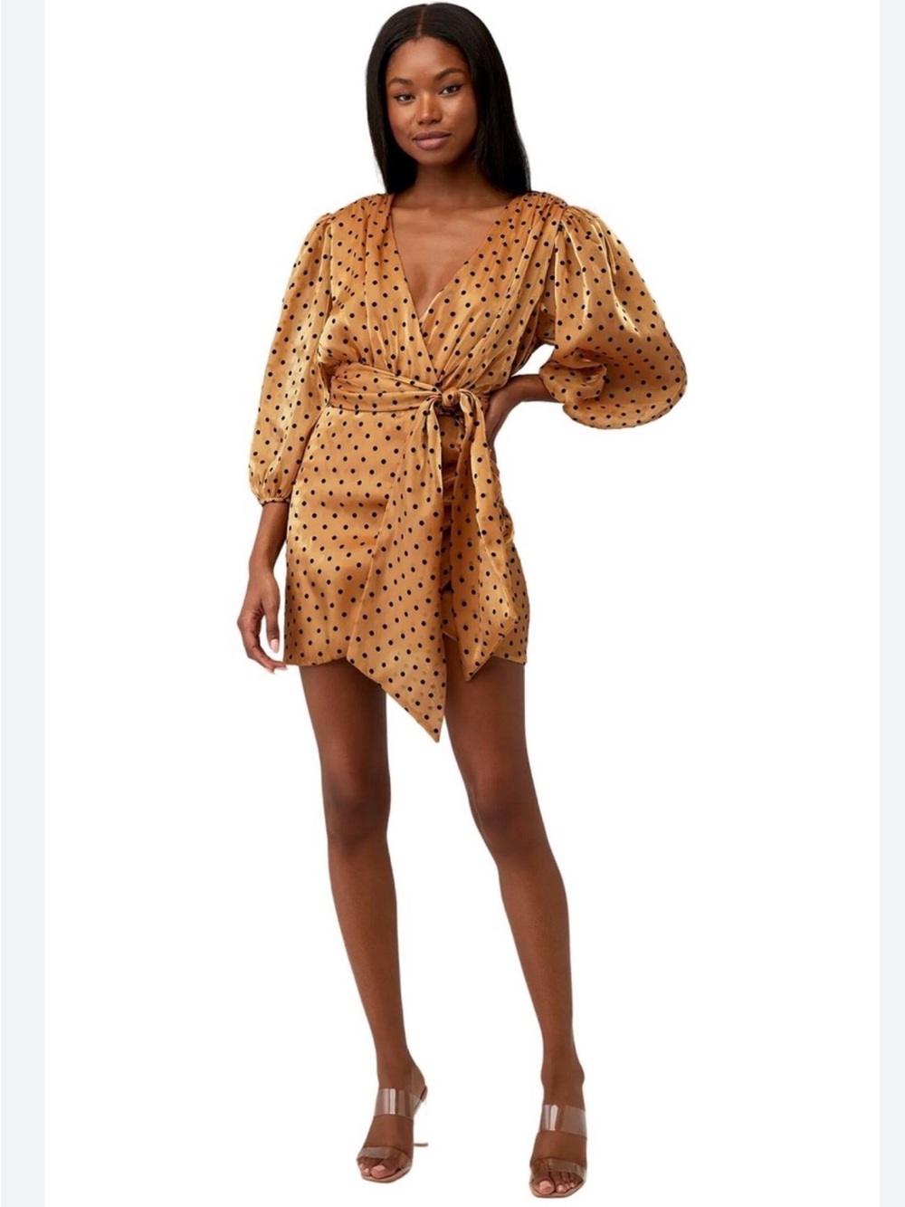 4SI3NNA Alora Polka Dot Dress Puff Sleeve‎ Dress in shinny Gold and Brown - M